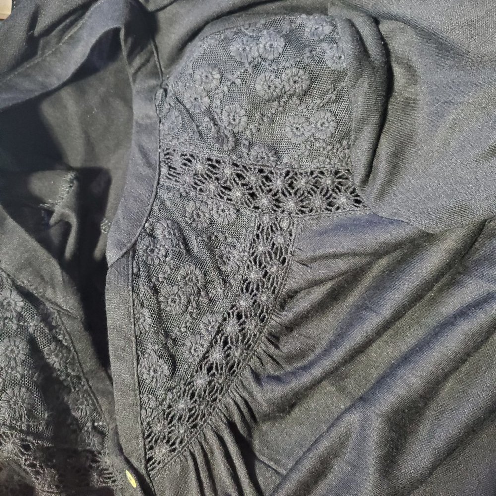 John Paul Richard Button Down Boho Bell Sleeve Overshirt w/Lace Black S - Picture 8 of 9